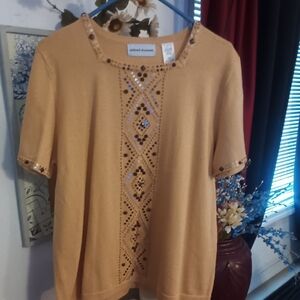 Alfred Dunner Tan Embellished Round Neck Short Sleeve Top